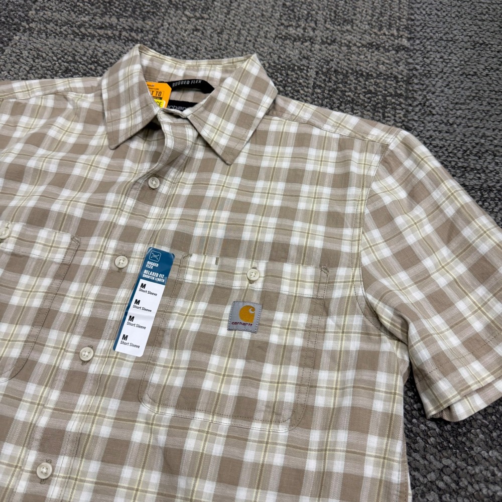 Carhartt Bozeman Shirt Mens M Tan Plaid Rugged Flex Relaxed Fit Short Sleeve
